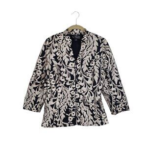 Alex Evenings Jacket Style Top Medium Black Silver Embroidered Mesh 3/4 Sleeve